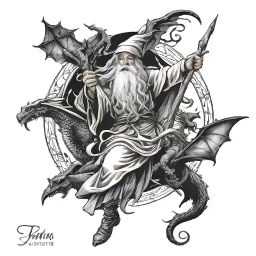 wizard with dragons coming out of the winds next to a witch tattoo design idea