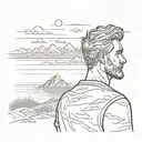 coast man looking at background landscape with a sunset tattoo design idea