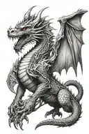black and white medieval fantasy dragon in gothic style alternative  tattoo design idea