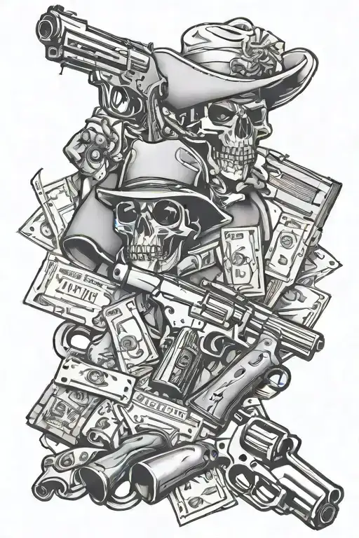 A gangster tattoo design with some bills guns blings that will be positioned on the leg like hip hop gangsters  tattoo design idea