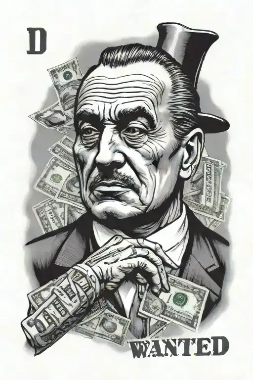 The god father under a wanted poster with some hundred dollar bills tattoo design idea