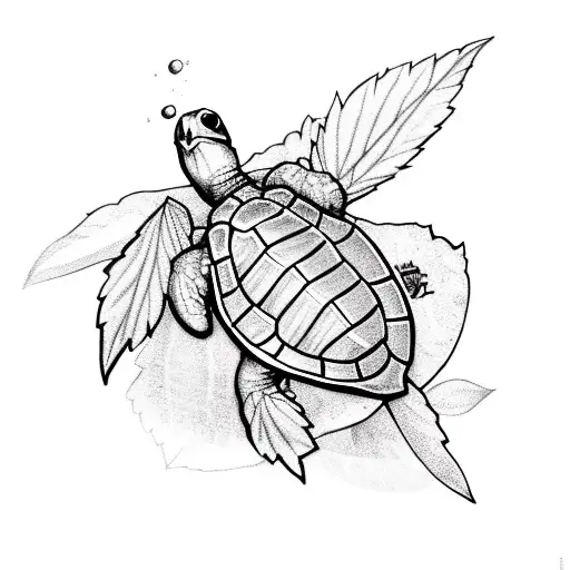 Baby turtle in marijuana leaf shell tattoo design idea