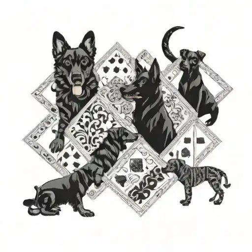 A technician's tools arranged in a pattern resembling a pack of playing cards, with each card featuring a different breed of dog tattoo design idea
