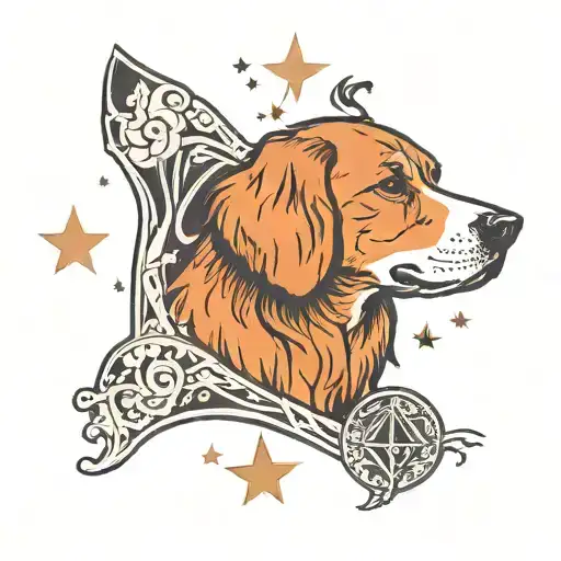 A stylized portrait of a beloved deceased dog, surrounded by symbols of memory and connection tattoo design idea