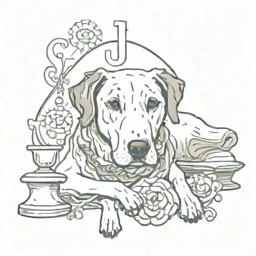 A stylized portrait of a beloved deceased dog, surrounded by symbols of memory and connection tattoo design idea