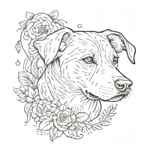 A stylized portrait of a beloved deceased dog, surrounded by symbols of memory and connection tattoo design idea