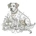 A stylized portrait of a beloved deceased dog, surrounded by symbols of memory and connection tattoo design idea