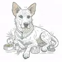 A stylized portrait of a beloved deceased dog, surrounded by symbols of memory and connection tattoo design idea