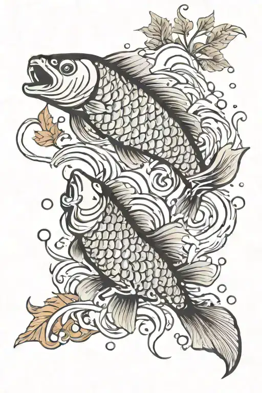 Japanese carp jumping out of the water, making splashes, maple leaves flying around, against the backdrop of impressive  tattoo design idea