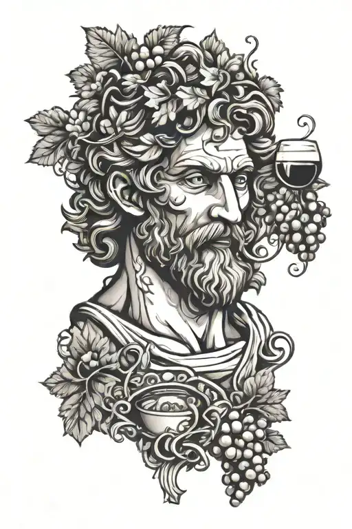 A dionysus statue holding a mask in one hand and wine in the other hand. He is adorned with grapes and vines. tattoo design idea