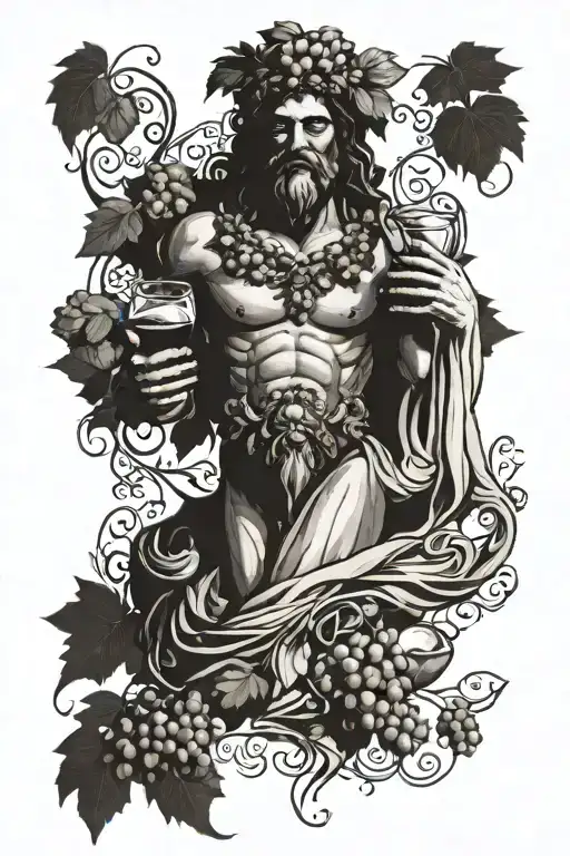 full body dionysus statue holding a mask in one hand and wine in the other hand. He is adorned with grapes and vines. tattoo design idea