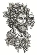 A dionysus statue holding a mask in one hand and wine in the other hand. He is adorned with grapes and vines. tattoo design idea