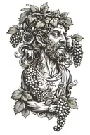 A dionysus statue holding a mask in one hand and wine in the other hand. He is adorned with grapes and vines. tattoo design idea