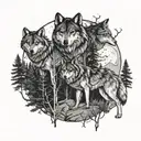 A wolf pack roaming through a dark forest with moonlight shining through the trees tattoo design idea
