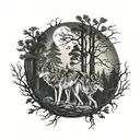 A wolf pack roaming through a dark forest with moonlight shining through the trees tattoo design idea