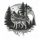 A wolf pack roaming through a dark forest with moonlight shining through the trees tattoo design idea