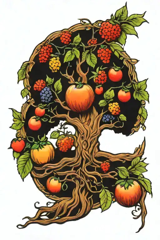 yggdrasil with fruits that are all religious symbols tattoo design idea