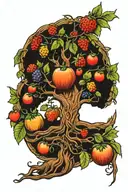 yggdrasil with fruits that are all religious symbols tattoo design idea
