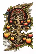 yggdrasil with fruits that are all religious symbols tattoo design idea