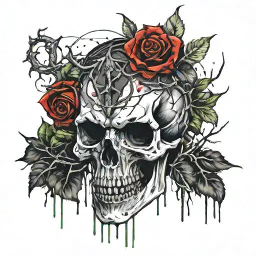 demon skull with wilted black roses tattoo design idea