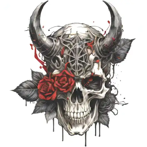 high-quality,  detailed,evil, satanic, foreboding, dripping horned demon skull, black roses coming out of eye sockets tattoo design idea