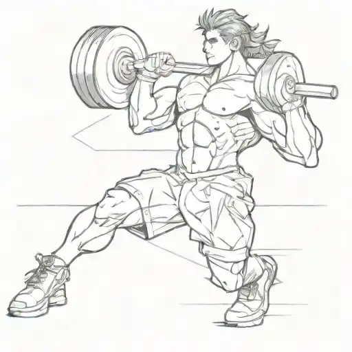 Combine elements of weightlifting equipment and anime characters in a dynamic action pose tattoo design idea