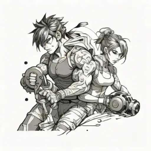 Design a tattoo showcasing a personal trainer guiding anime characters through a workout session tattoo design idea