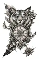 clock, half tiger face with half wolve face, rose  tattoo design idea