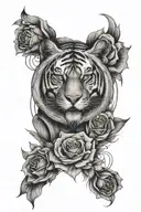 clock, half tiger face with half wolve face, rose  tattoo design idea