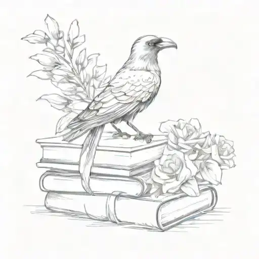 crow and books flowers tattoo design idea