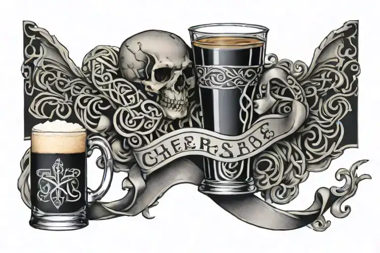 "Cheers Mate" black and grey ink armband, intricate, artistic +Celtic design +grey Cancer Ribbon +toasting bourbon glass tattoo design idea