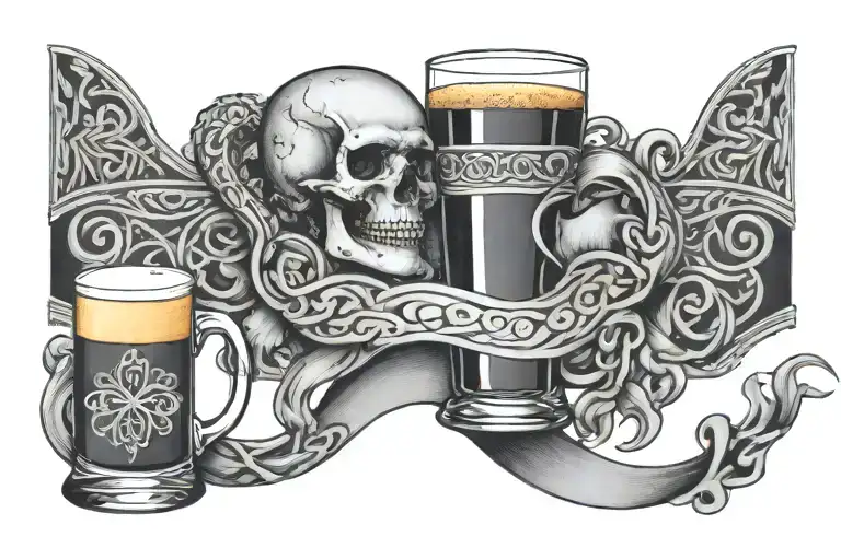"Cheers Mate" black and grey ink armband, intricate, artistic +Celtic design +grey Cancer Ribbon +toasting bourbon glass tattoo design idea