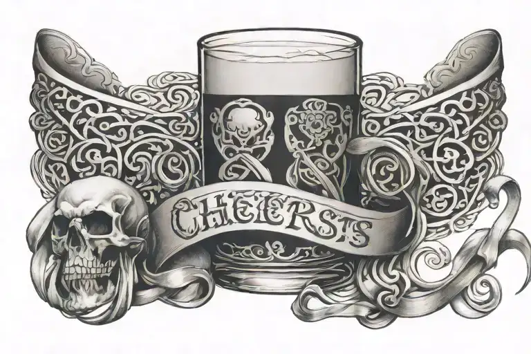 "Cheers Mate" black and grey ink armband, intricate, artistic +Celtic design +grey Cancer Ribbon +toasting bourbon glass tattoo design idea