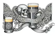 "Cheers Mate" black and grey ink armband, intricate, artistic +Celtic design +grey Cancer Ribbon +toasting bourbon glass tattoo design idea