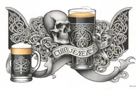 "Cheers Mate" black and grey ink armband, intricate, artistic +Celtic design +grey Cancer Ribbon +toasting bourbon glass tattoo design idea