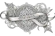 "Cheers Mate" arm band using grey cancer ribbon and celtic design tattoo design idea