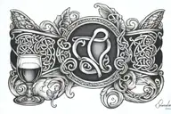 "Cheers Mate" black and grey ink armband, intricate, artistic +Celtic design +grey Cancer Ribbon +toasting bourbon glass tattoo design idea