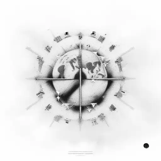 5 men, one stands out for his authority. peaceful enviroment, clouds, celestial tattoo design idea