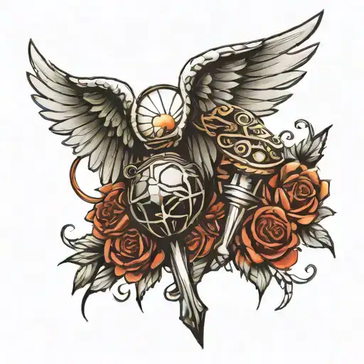 mace and angel wings tattoo design idea