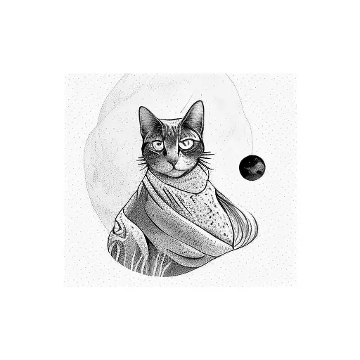 A beautiful girl exploring a mysterious planet with a cat companion tattoo design idea