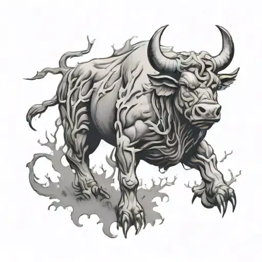 muscle bull coming alive from ash tree at the bottom tattoo design idea