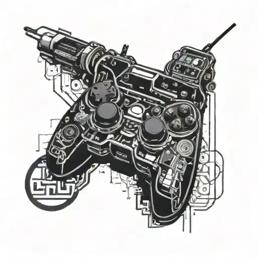 A cyberpunk-inspired tattoo featuring a futuristic cityscape with neon lights and a gaming controller integrated into the design tattoo design idea