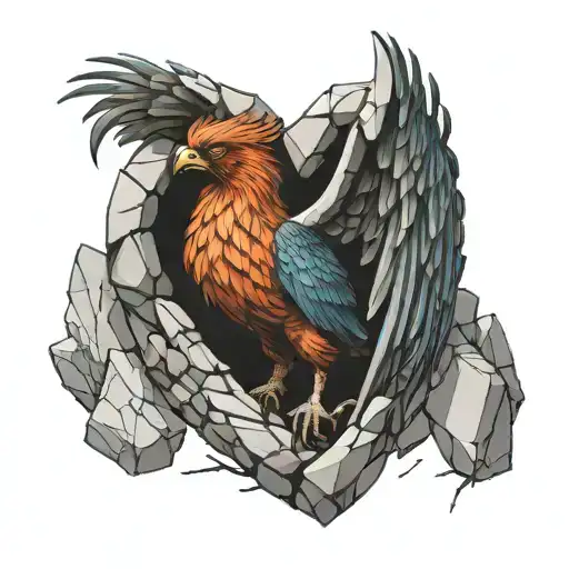 Phoenix bird emerging from a heart of broken stone tattoo design idea
