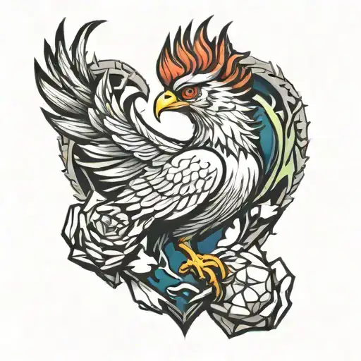 Phoenix bird emerging from a heart of broken stone tattoo design idea