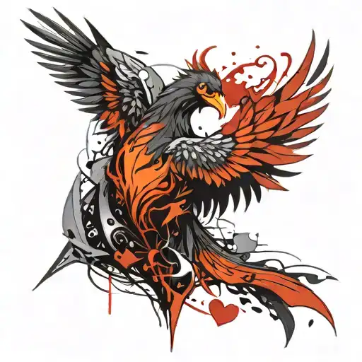 Phoenix bird emerging from a heart of broken stone tattoo design idea