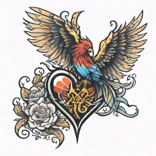 Phoenix bird emerging from a heart of broken stone tattoo design idea