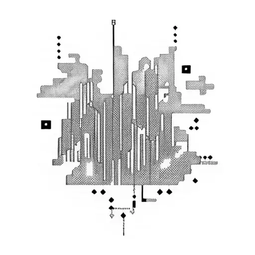 Binary code flowing through a glitched 8-bit cityscape tattoo design idea