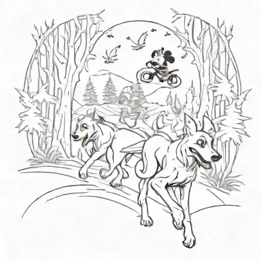 A tattoo design featuring a pack of dogs running through a forest with Mickey Mouse and Zero from Nightmare Before Christmas leading the way tattoo design idea