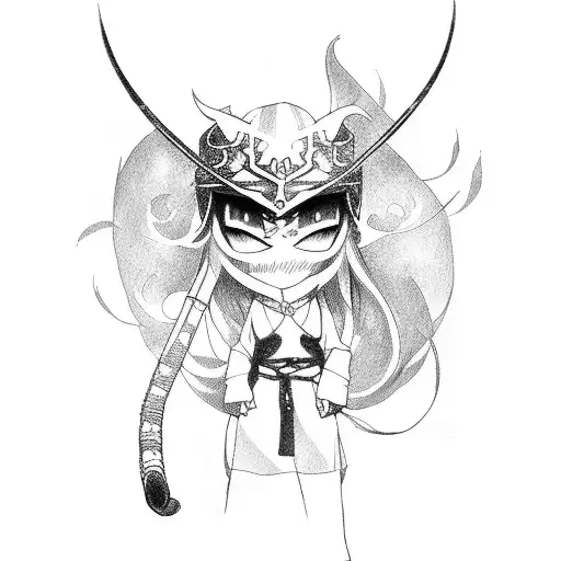 anime girl with katana on hand and demon mask tattoo design idea
