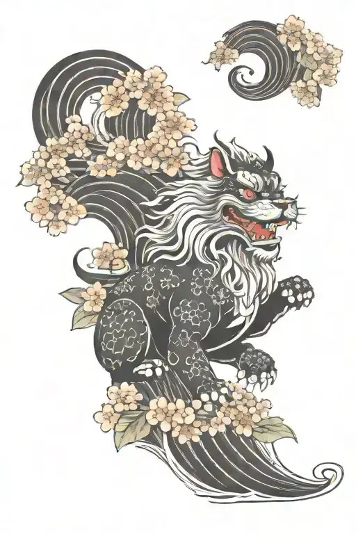 irezumi foo dog with namakubu waves and cherry blossoms botan background tattoo design idea